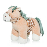 Beige pony plush with green mane and tail, checkered saddle and bridle; soft and cuddly toy by Artesavi.